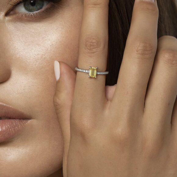 Yellow Emerald Cut Micro Pave 14K (or 18k upon request) Gold Engagement Ring - Picture 2 of 3